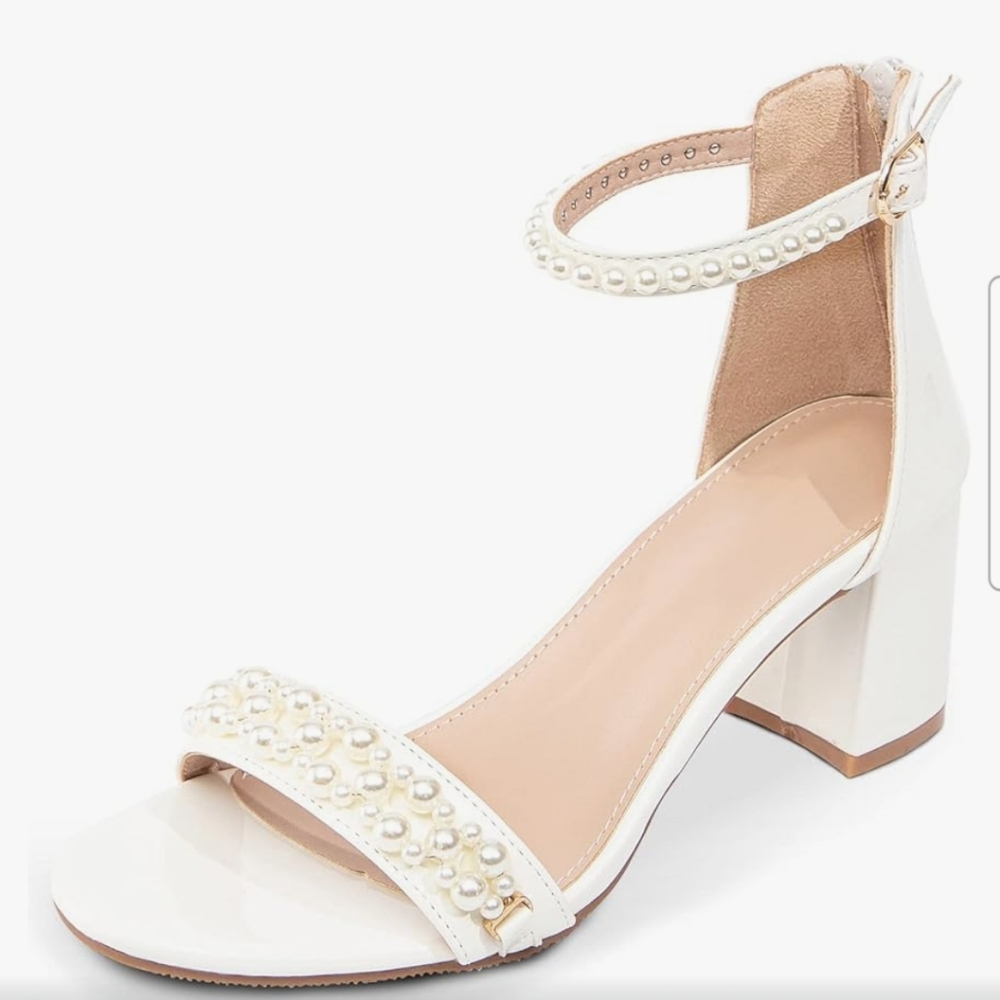 Heels Sandals Open Toe Fashion Pearls, Size 8, White